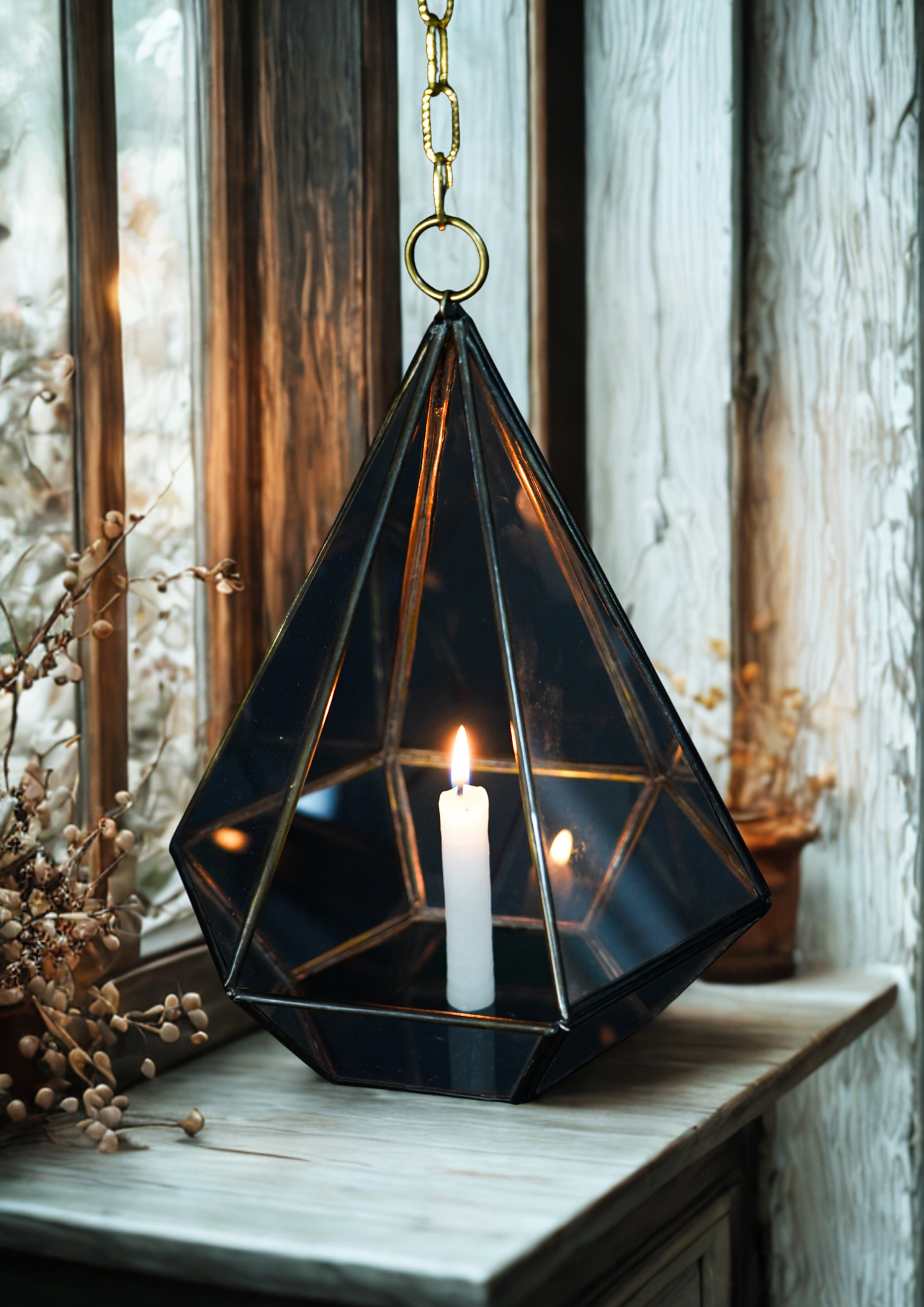Geometric Glass Candle Lantern – Handmade Moroccan Hanging Light